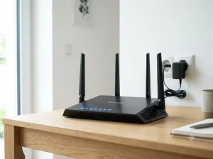 Een moderne Wi-Fi 6 router op een houten bureau met blauwe indicatielampjes voor stabiel en snel draadloos internet.