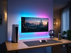 Een moderne gaming setup met een PlayStation 5 console, een DualSense controller op het bureau en een verlichte monitor op de achtergrond.