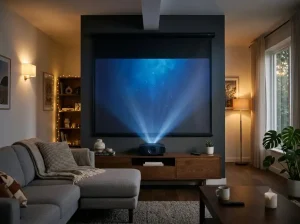 Een actieve home-cinema projector aan het plafond in een sfeervolle, donkere kamer.