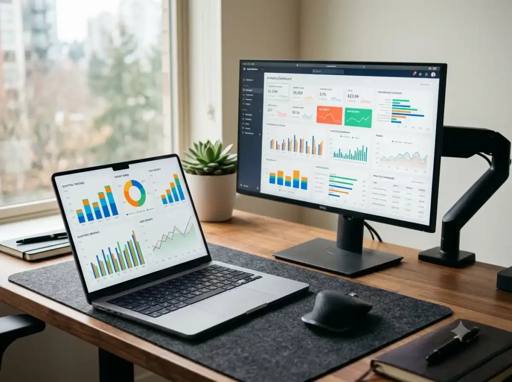 Een georganiseerde, moderne werkplek met een geopende laptop naast een computermonitor die statistieken toont, inclusief een ergonomische muis op een bureaulegger.