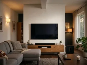 Een strakke zwarte soundbar met een draadloze subwoofer op een houten meubel voor kamervullend tv-geluid.