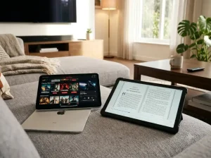 Een zilveren iPad en een zwarte Android tablet liggen op een grijze bank in de zon, klaar voor gebruik.